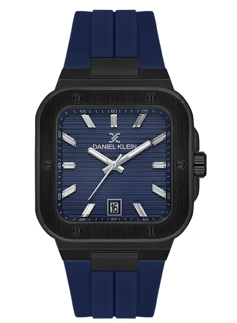 DANIEL KLEIN Men's Silicone Band Black Brass Case Analog Dark Blue Square Emboss Dial Japanese Quartz Premium 50 Meters Water Resistant